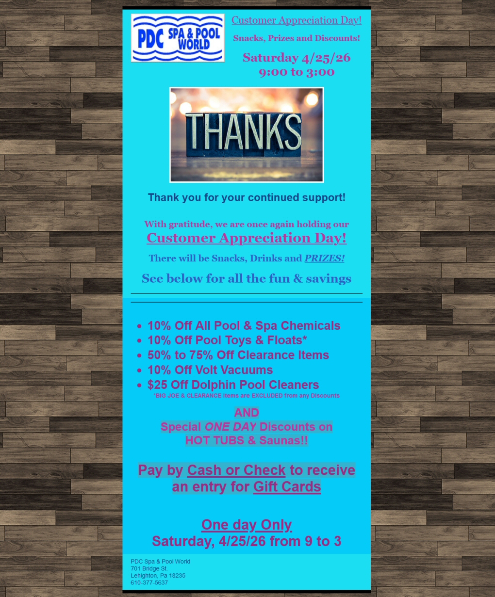 Customer Appreciation Day April 25 2026 PDC Spa Pool World Lehighton PA