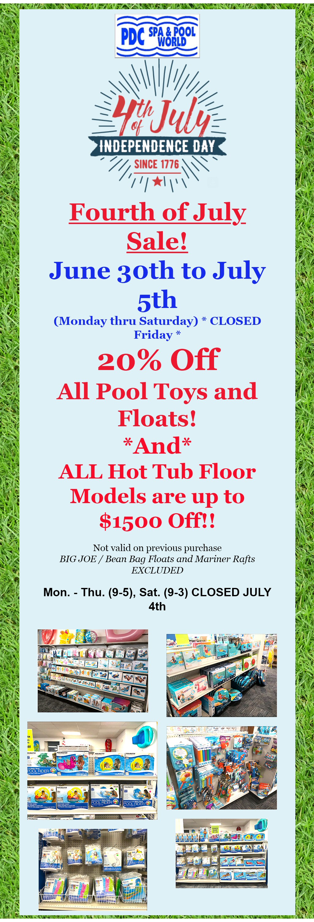 4th Of July Sale At PDC Spa & Pool World Pool Toys, Floats and Floor Model Hot Tubs!