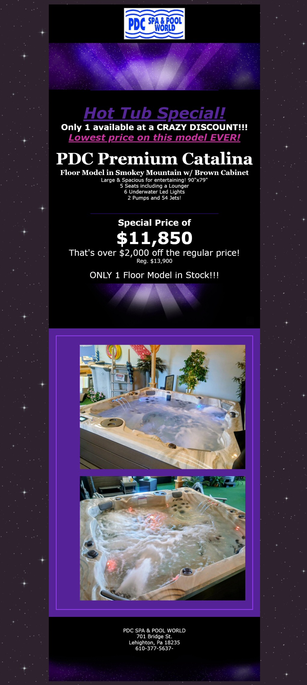 Hot Tub Special At PDC SPA and POOL WORLD Lehighton PA! Only 1 available at a CRAZY DISCOUNT!