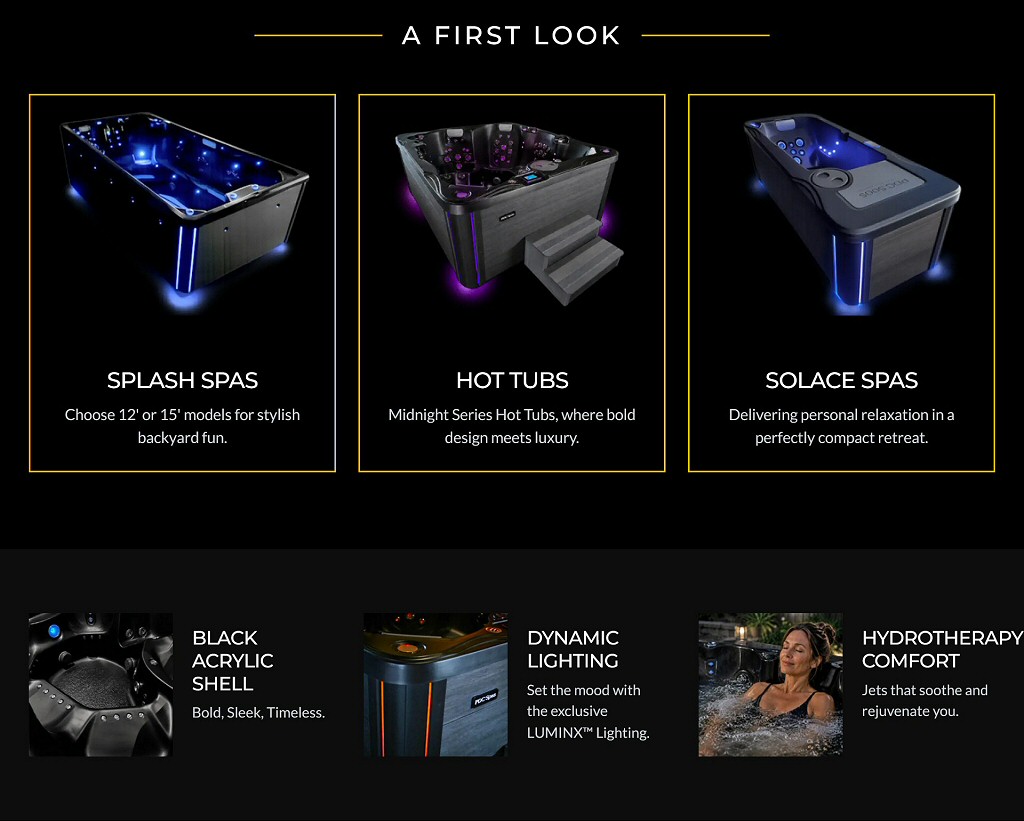 Midnight Hot Tub Collection from PDC Spas at PDC Spa Pool World Lehighton Lehigh Valley Poconos PA - Splash Pools Hot Tubs Solace Spas