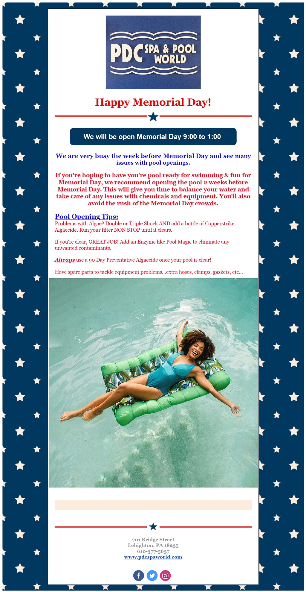 Open Memorial Day PDC Spa and Pool World Lehighton PA