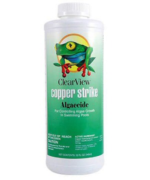 Clear View Copper Strike Algaecide This long lasting Algaecide from ClearView is effective on yellow, green, and black algae. Available at PDC Spa And Pool World serving the Lehigh Valley to the Poconos.