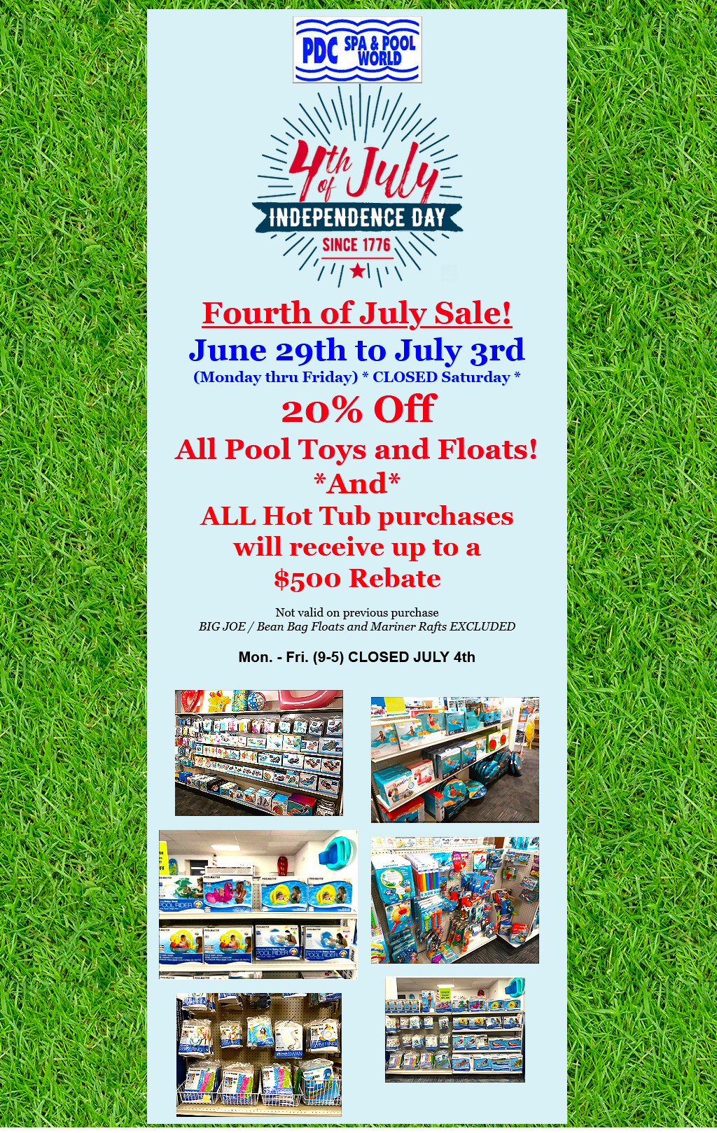 PDC Spa & Pool World Lehighton PA 4th of July sale on pool toys floats and hot tub rebates.
